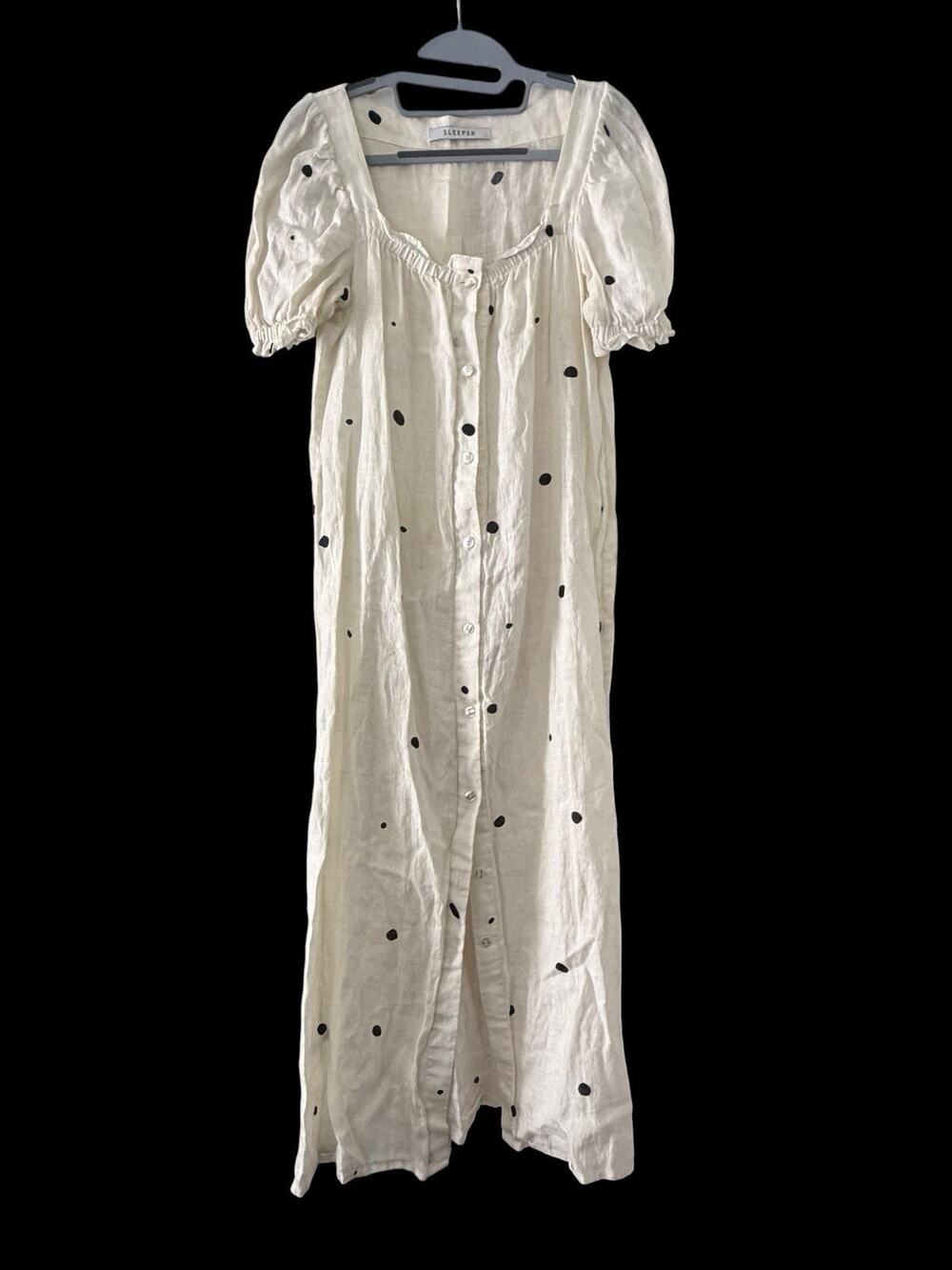 Sleeper Linen Brigitte Button Up Midi Dress •M• Puff Short Sleeve White Dots